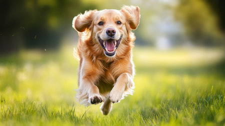 A high-resolution image of a happy dog running freely in a grassy field, with its fur flying and a joyful expression.の素材
