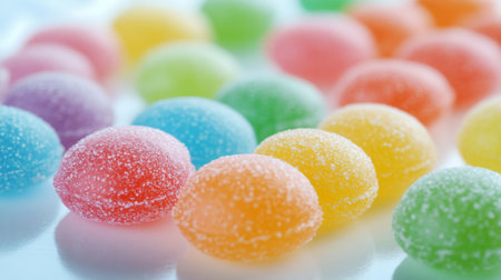 A high-quality shot of rainbow-colored sour candies, displayed on a white surface with their bright, eye-catching hues.の素材