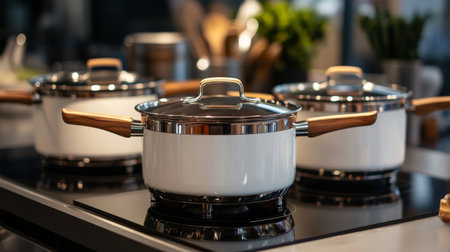 A high-resolution photo of a set of cooking pots with wooden handles, arranged neatly on a stove top.の素材