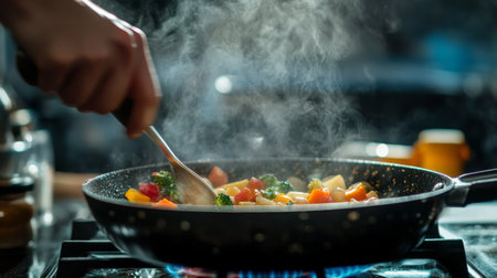 A high-resolution image of a person stirring a pot on the stove, with steam rising and colorful ingredients visible.の素材