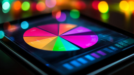 A high-resolution image of a pie chart on a digital tablet screen, with vibrant colors and clear labels for each data segment.の素材