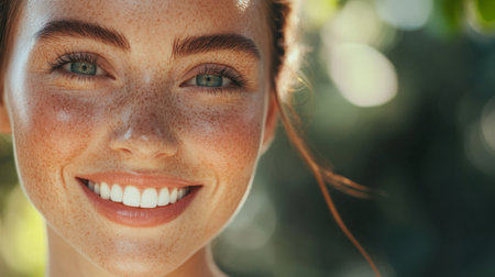 A high-resolution image of a woman smiling warmly, showcasing her clear complexion and well-defined features in a close-up shot.の素材