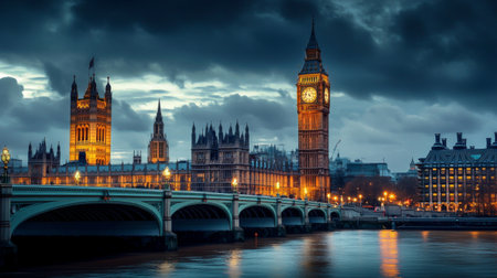 A high-resolution image of famous landmarks beautifully lit at night, highlighting their architectural details and nighttime charm.の素材