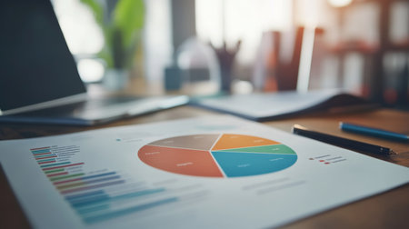 A pie chart printed on a glossy report, with sections representing company revenue streams, displayed on a desk.の素材