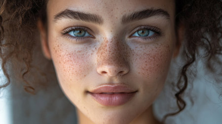 A high-resolution portrait of a woman with a natural look, highlighting her clear skin and relaxed demeanor.の素材