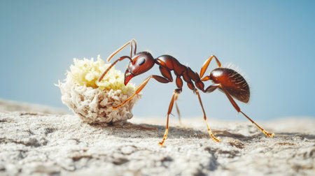 A macro view of an ant carrying a piece of food back to its nest, showcasing its strength and determination.の素材