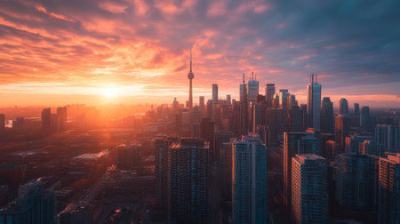 A panoramic shot of a city skyline with the sun setting behind high-rise buildings, casting a warm, colorful glow over the cityscape.の素材