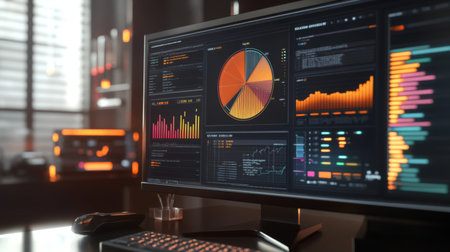 A pie chart with various segments and detailed annotations, displayed on a modern computer monitor.の素材