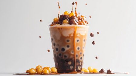 A high-resolution photo of a bubble tea cup filled with tapioca pearls and a delicious tea blend, set against a white backdrop.の素材