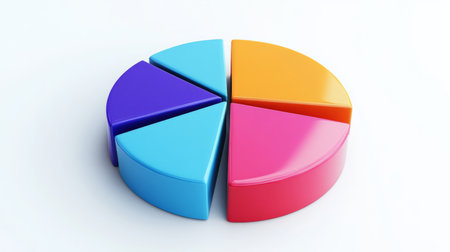 A pie chart with distinct, bright colors and clean lines, representing different business divisions on a white background.の素材