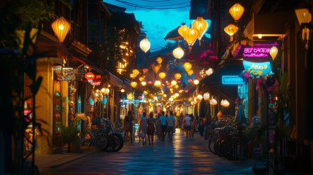 A picturesque street in a popular tourist area, illuminated by street lamps and neon signs, showcasing a lively nighttime scene.の素材