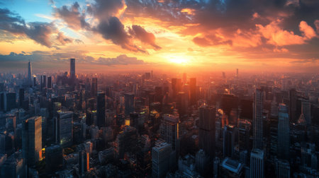 A panoramic view of a bustling city with tall skyscrapers and a stunning sunset, showcasing the contrast between the buildings and the sky.の素材