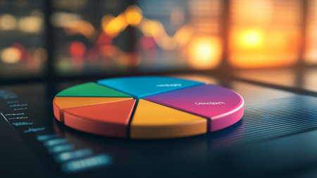 A pie chart with vibrant, contrasting colors, representing a company's budget allocation on a digital screen.の素材