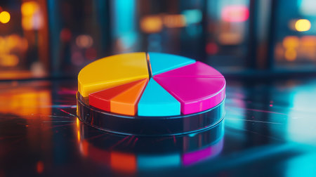 A pie chart with vibrant, contrasting colors, representing a company's budget allocation on a digital screen.の素材