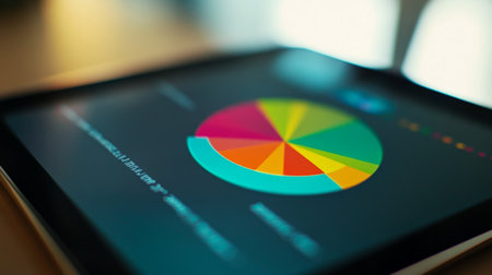 A high-resolution image of a pie chart on a digital tablet screen, with vibrant colors and clear labels for each data segment.の素材