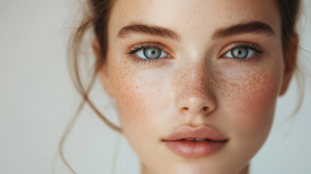 A high-resolution photo of a woman face with minimal makeup, highlighting her natural beauty and clear skin.の素材