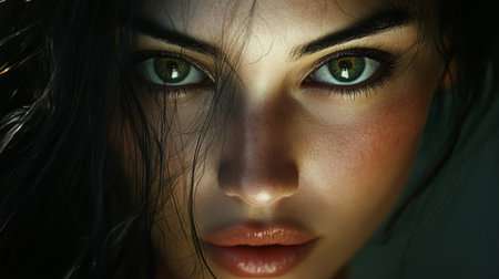 A high-resolution image of a woman with expressive eyes and a calm demeanor, capturing the essence of her personality.の素材