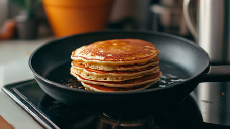 A high-resolution photo of a frying pan with a stack of pancakes, showcasing the golden brown surface and even cooking.の素材