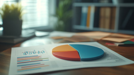 A pie chart printed on a glossy report, with sections representing company revenue streams, displayed on a desk.の素材