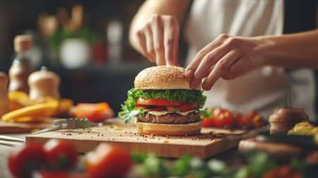 A home cook assembling a sandwich or burger, with layers of fresh ingredients and kitchen tools in the background.の素材
