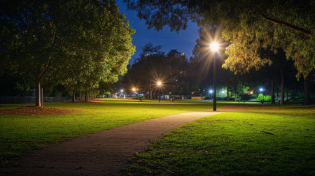 A serene nighttime image of a quiet park with path lights and peaceful surroundings, providing a contrast to the city's nightlifeの素材
