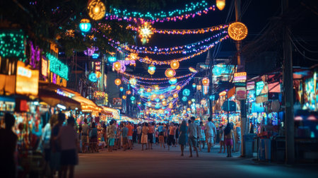 A vibrant night scene of a local festival or street fair, with colorful lights, decorations, and crowds enjoying the festivities.の素材