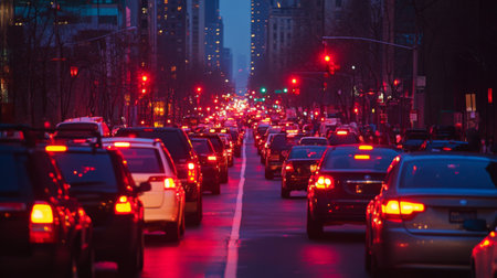 A snapshot of a long line of vehicles waiting at a red light, highlighting the slow-moving traffic and crowded streetsの素材