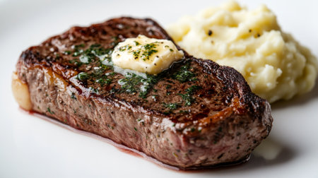 A succulent steak topped with a pat of melting herb butter, served with a side of mashed potatoes on a clean white background.の素材