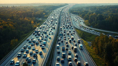 Aerial view of a major highway in rush hour, showing extensive traffic congestion and long lines of vehicles.の素材