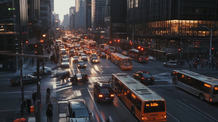 A wide shot of a congested urban intersection during rush hour, with cars and buses waiting at the traffic lights.の素材