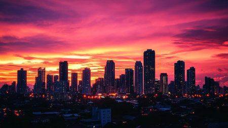 A stunning view of tall skyscrapers silhouetted against a vibrant orange and pink sunset sky, capturingの素材