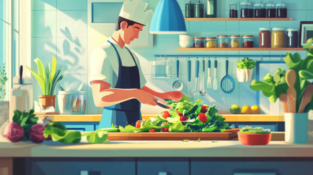 A vibrant kitchen setup with a cook preparing a colorful salad, with fresh greens, vegetables, and a bright kitchen environmentの素材