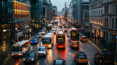 A wide shot of a congested urban intersection during rush hour, with cars and buses waiting at the traffic lights.の素材