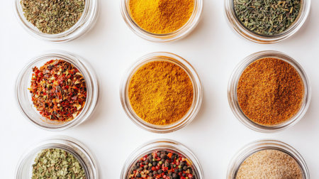 A white background with various spice blends, such as curry powder and Italian seasoning, in transparent containers.の素材