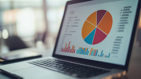 An image of a pie chart with interactive segments on a laptop screen, demonstrating business data with clickable sections for detailed views.の素材