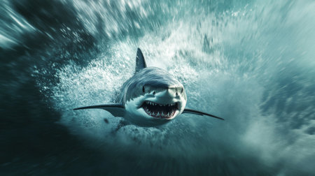 An action shot of a predatory shark in mid-swim, with an intense focus and powerful movement in the ocean.の素材
