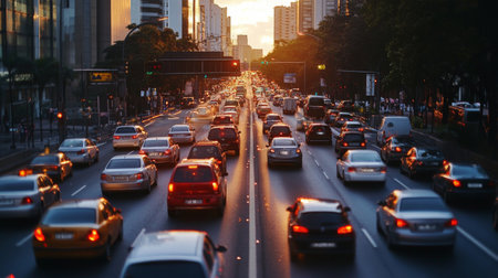 A view of a major city road during peak hours, with a long line of cars stretching into the distance and traffic lights.の素材