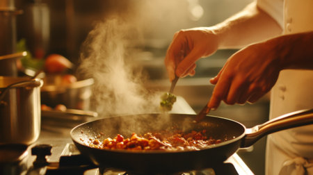 An image of a home cook adding ingredients to a sizzling pan, with a focus on the cooking process and kitchen ambianceの素材