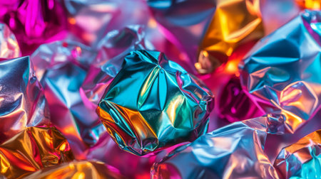 An image of beautifully wrapped candy with metallic and shiny wrappers, showcasing their colorful designs and reflections.の素材