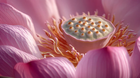 An intimate shot of a pink lotus flower, highlighting its beautiful petals and central seed pod.の素材