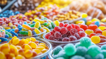 An image of a colorful candy buffet with various sweets like hard candies, gummy worms, and chocolate treats on display.の素材