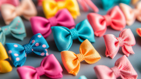An image of stylish, cute hair clips with bow designs and bright colors, showcasing their charm and decorative features up close.の素材