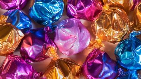 An image of beautifully wrapped candy with metallic and shiny wrappers, showcasing their colorful designs and reflections.の素材