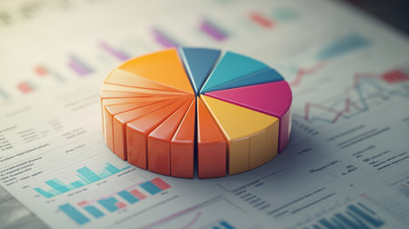 An image of a pie chart with segmented data and a comparison line chart, providing a comprehensive view of business performance.の素材