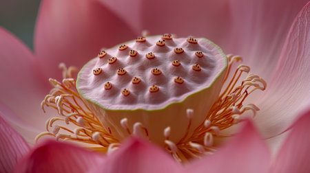 An intimate shot of a pink lotus flower, highlighting its beautiful petals and central seed pod.の素材