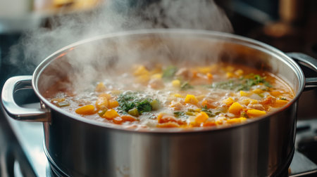 An image of a large stockpot with bubbling soup or stew, showcasing the vibrant ingredients and steam rising.の素材