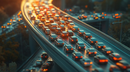 A traffic jam on an overpass with a long line of vehicles stretching into the distance, showcasing severe congestion.の素材