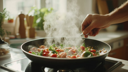 An image of a home cook adding ingredients to a sizzling pan, with a focus on the cooking process and kitchen ambianceの素材