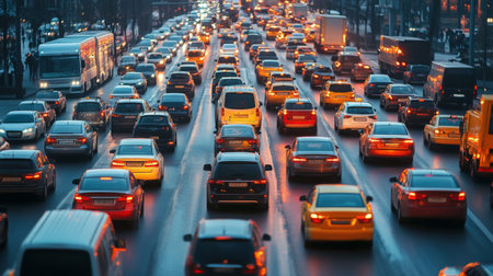 A wide shot of heavy traffic congestion on a busy city street, with cars and trucks bumper-to-bumper.の素材