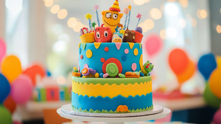 An image of a birthday cake with a playful design, such as cartoon characters or playful patterns, making it perfect for a child's party.の素材